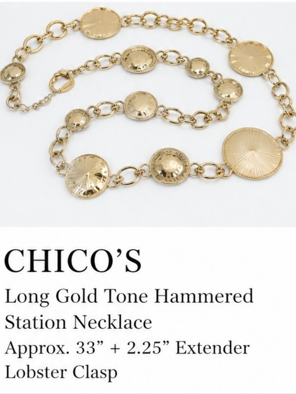 Chico's Long Gold Tone Hammered Station Necklace 33" Statement Layering Necklace - Picture 2 of 6